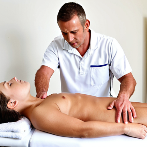 **Experienced sports massage therapist:** A seasoned sports massage therapist sharing practical knowledge and techniques with younger therapists in a modern, collaborative study session. Focus on the exchange of expertise and hands-on learning.