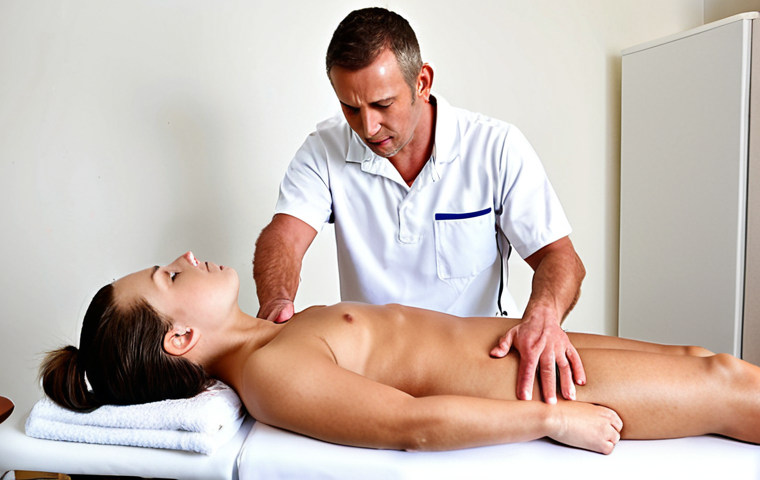 **Experienced sports massage therapist:** A seasoned sports massage therapist sharing practical knowledge and techniques with younger therapists in a modern, collaborative study session. Focus on the exchange of expertise and hands-on learning.