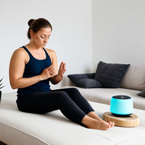 Relaxing at Home**

A fully clothed female sports massage therapist is practicing the 4-7-8 breathing technique in a calming, minimalist living room setting. She is sitting comfortably on a cushion, with soft, natural lighting. An aroma diffuser emits a gentle scent, and a green plant is visible in the background. safe for work, appropriate content, professional, modest, perfect anatomy, correct proportions, natural pose, well-formed hands, proper finger count, high quality.

**