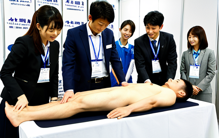 Sports Massage Career Fair**

A diverse group of individuals at a sports massage career fair in Tokyo. Professionals are wearing business casual attire. Booths are displaying information about various sports teams, fitness clubs, and independent practices. The atmosphere is energetic and positive. "Safe for work," "appropriate content," "fully clothed," "professional setting," "perfect anatomy," "natural proportions," "high quality."

**