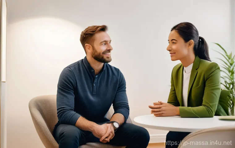 스포츠마사지사 고객 상담 노하우 - **Prompt 1: Empathetic Initial Consultation**
    A bright, clean, and modern sports massage clinic ...