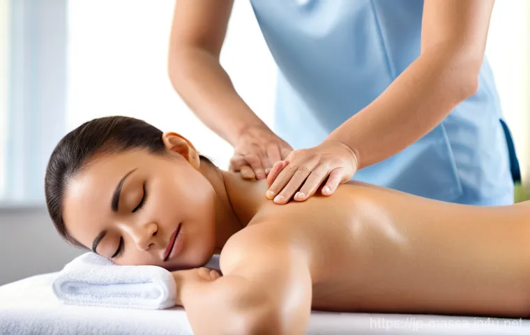 스포츠마사지사의 고객 건강 관리 - **Prompt 1: Desk Worker's Relief through Professional Sports Massage**
    "A young adult, appearing...