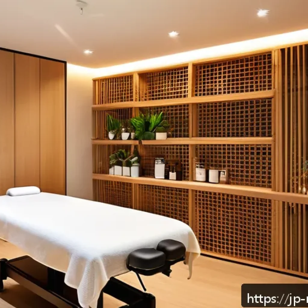 스포츠마사지사 창업 아이디어 - A modern sports massage clinic interior in Japan, featuring a clean, relaxing atmosphere with soft l...