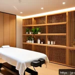 스포츠마사지사 창업 아이디어 - A modern sports massage clinic interior in Japan, featuring a clean, relaxing atmosphere with soft l...