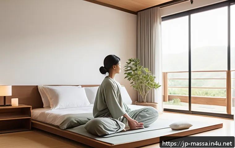 스포츠마사지사와 운동 처방 - A serene modern bedroom scene focused on improving sleep quality: soft natural morning light filters...